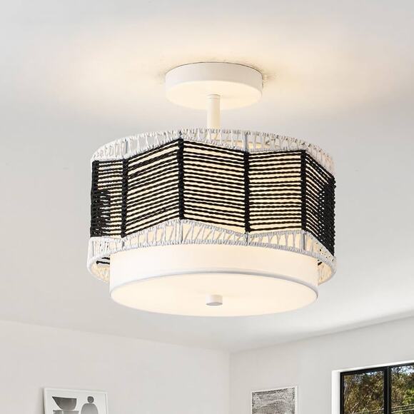 Tbaoinla - 3-light rattan ceiling lamp, black and white - Picture 1 of 6